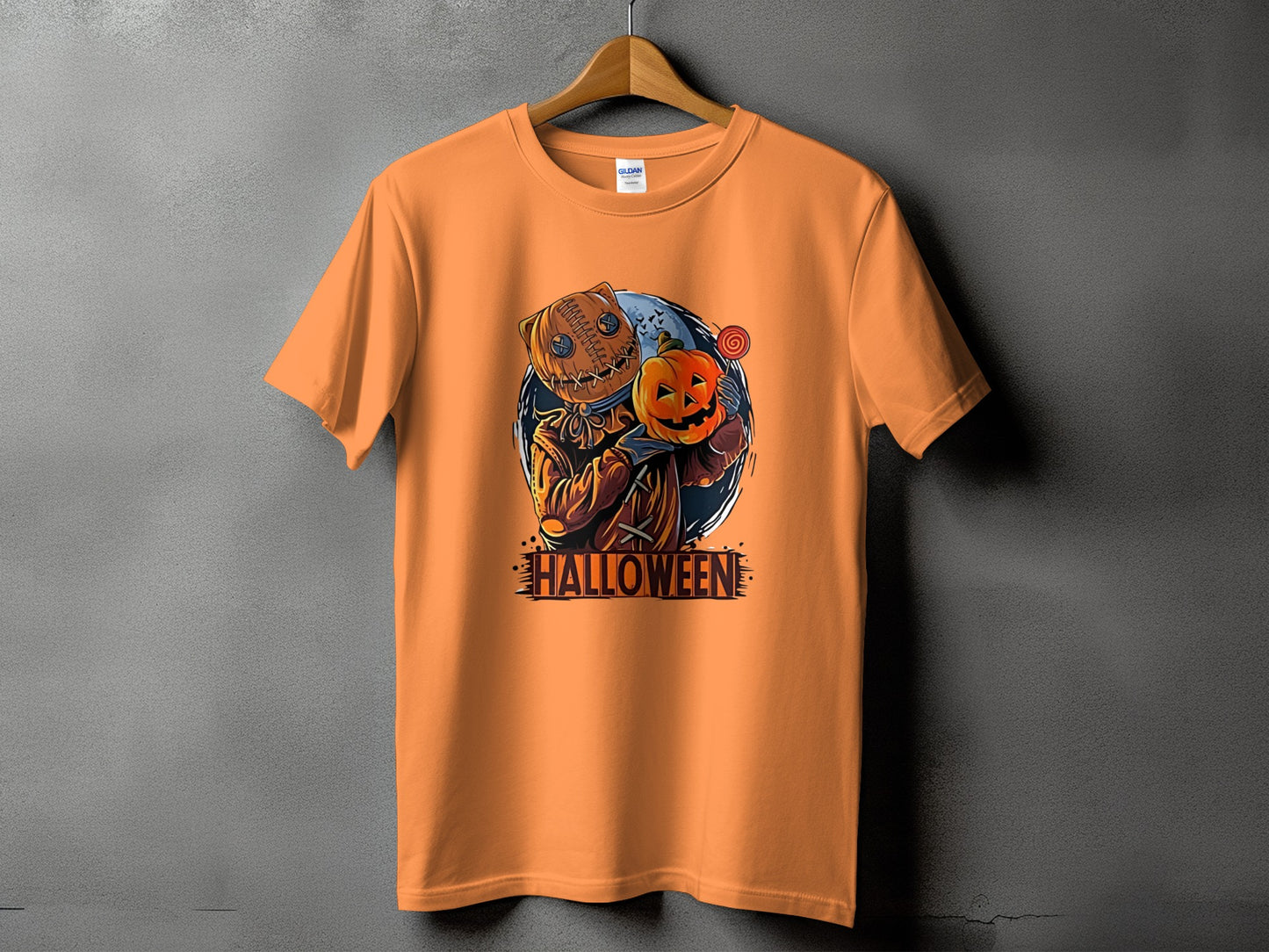 Orange t-shirt with cartoon pumpkin scarecrow graphic and "HALLOWEEN" text.