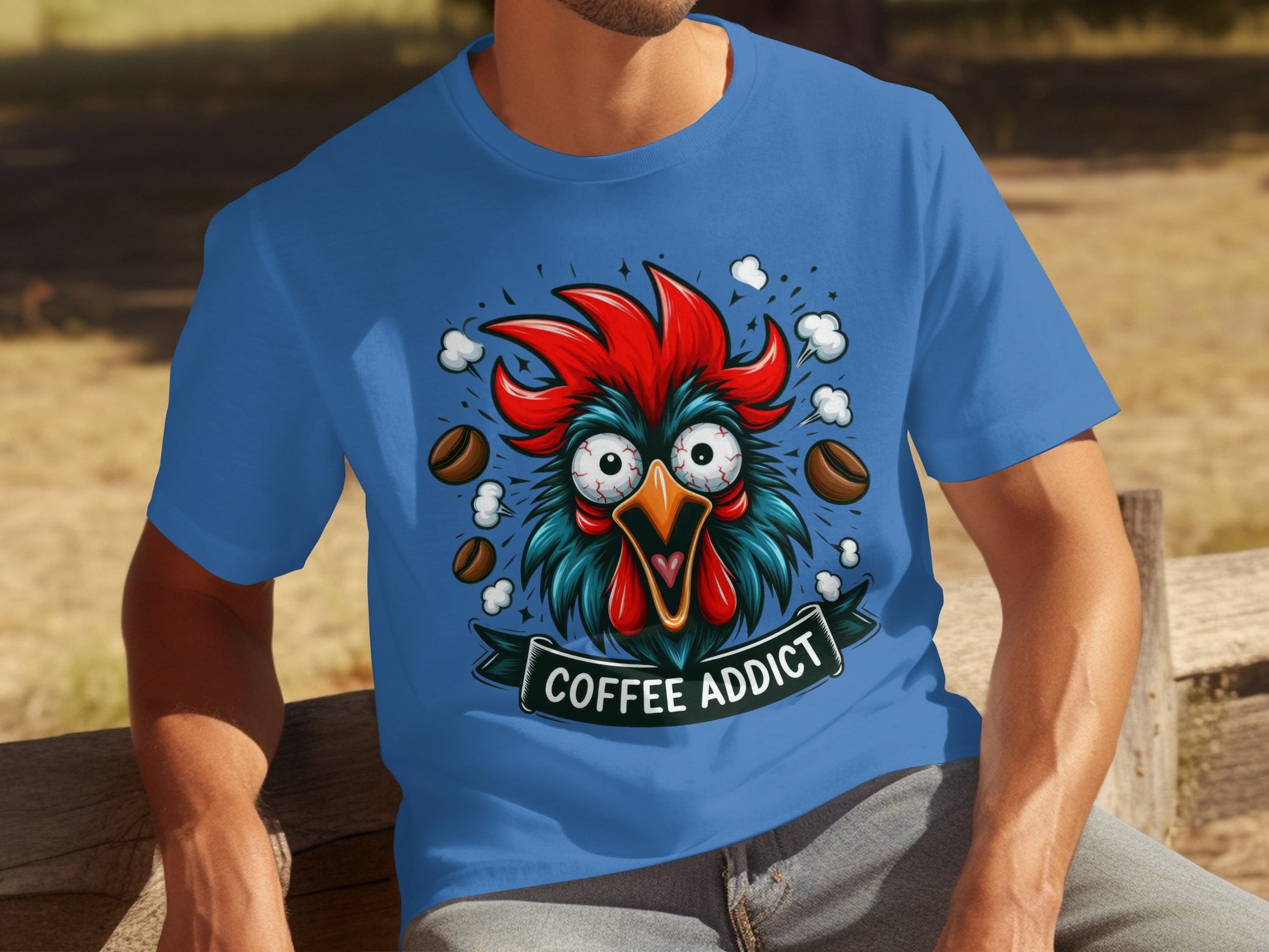 Coffee Addict Rooster Cartoon Graphic T-shirt