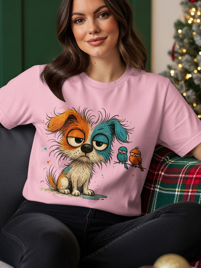 Woman wearing pink t-shirt with cartoon dog and two birds.