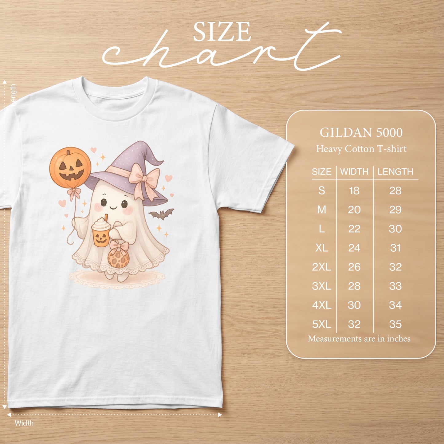 Size chart for Gildan 5000 Heavy Cotton T-shirt with measurements.