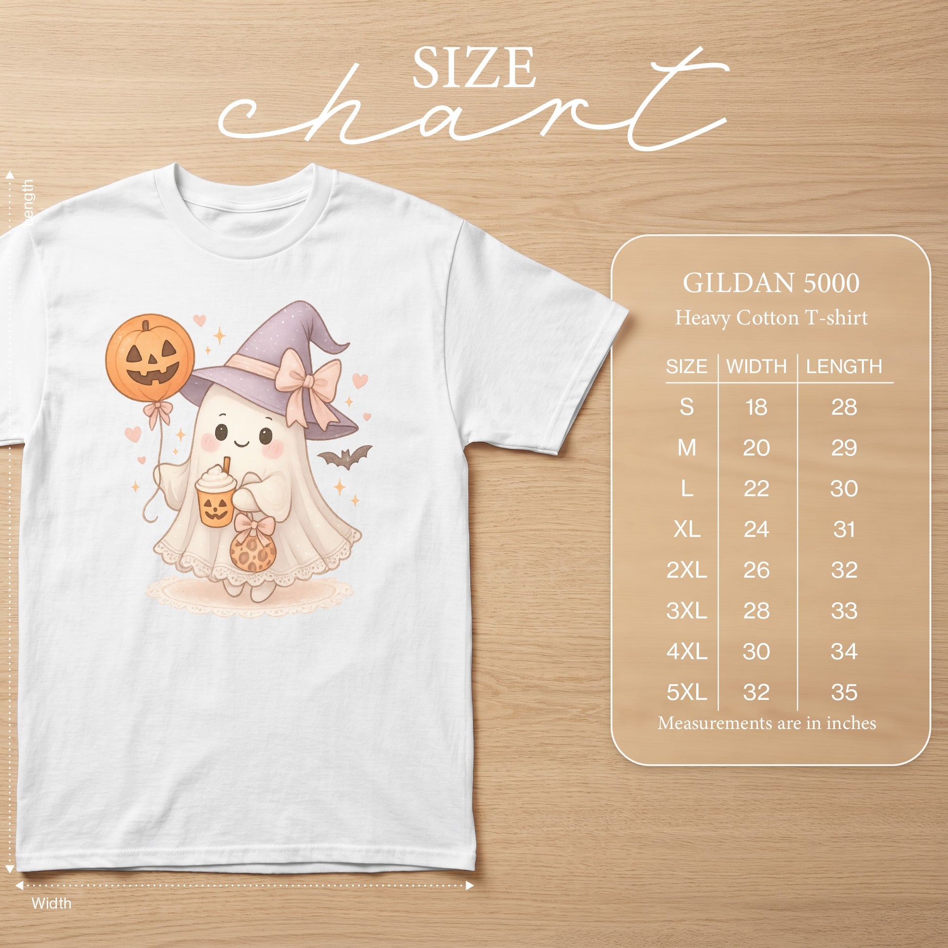 Size chart for Gildan 5000 Heavy Cotton T-shirt with measurements.