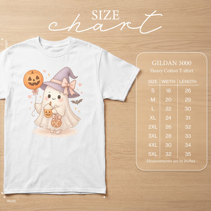 Size chart for Gildan 5000 Heavy Cotton T-shirt with measurements.