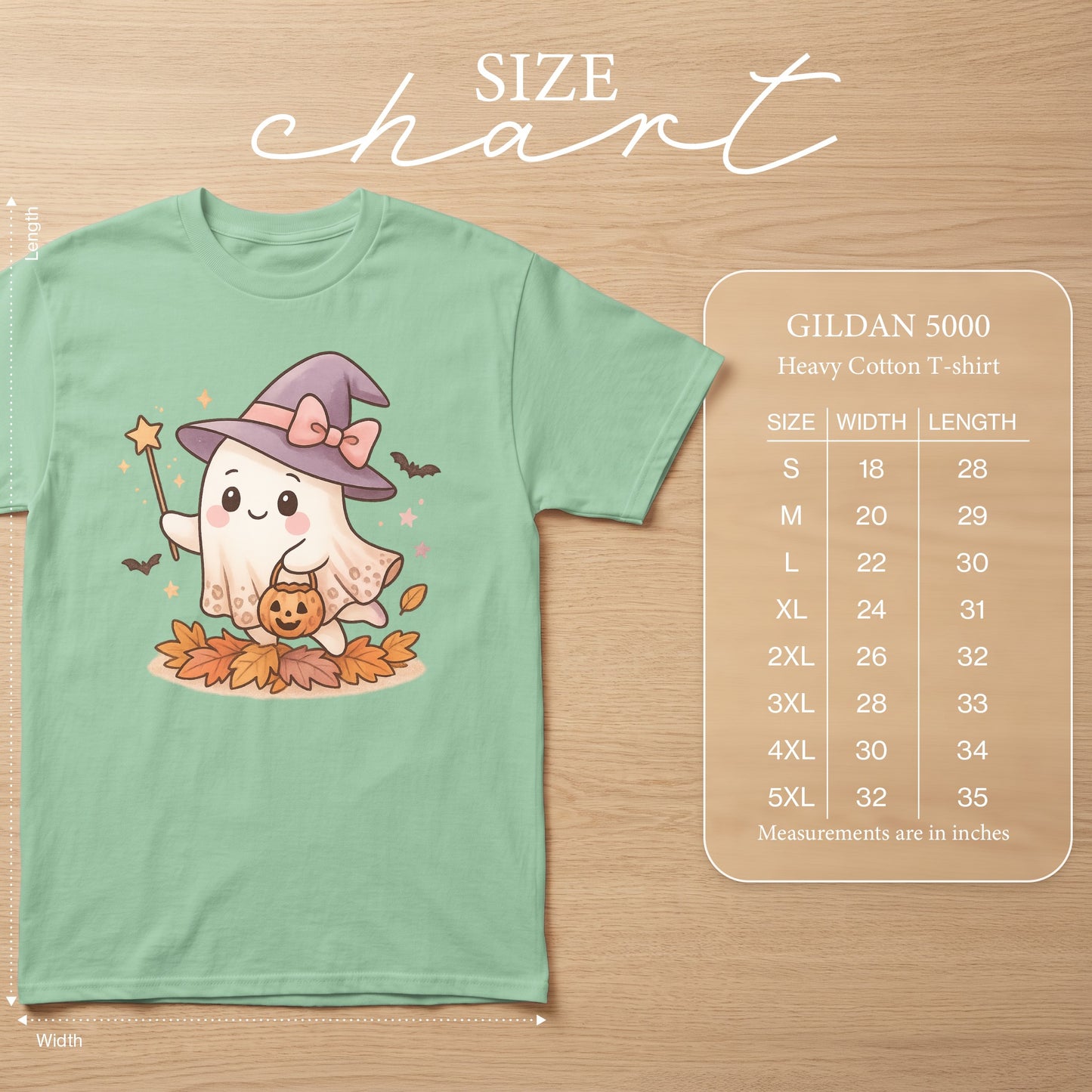 Size chart for Gildan 5000 Heavy Cotton T-shirt with ghost graphic.