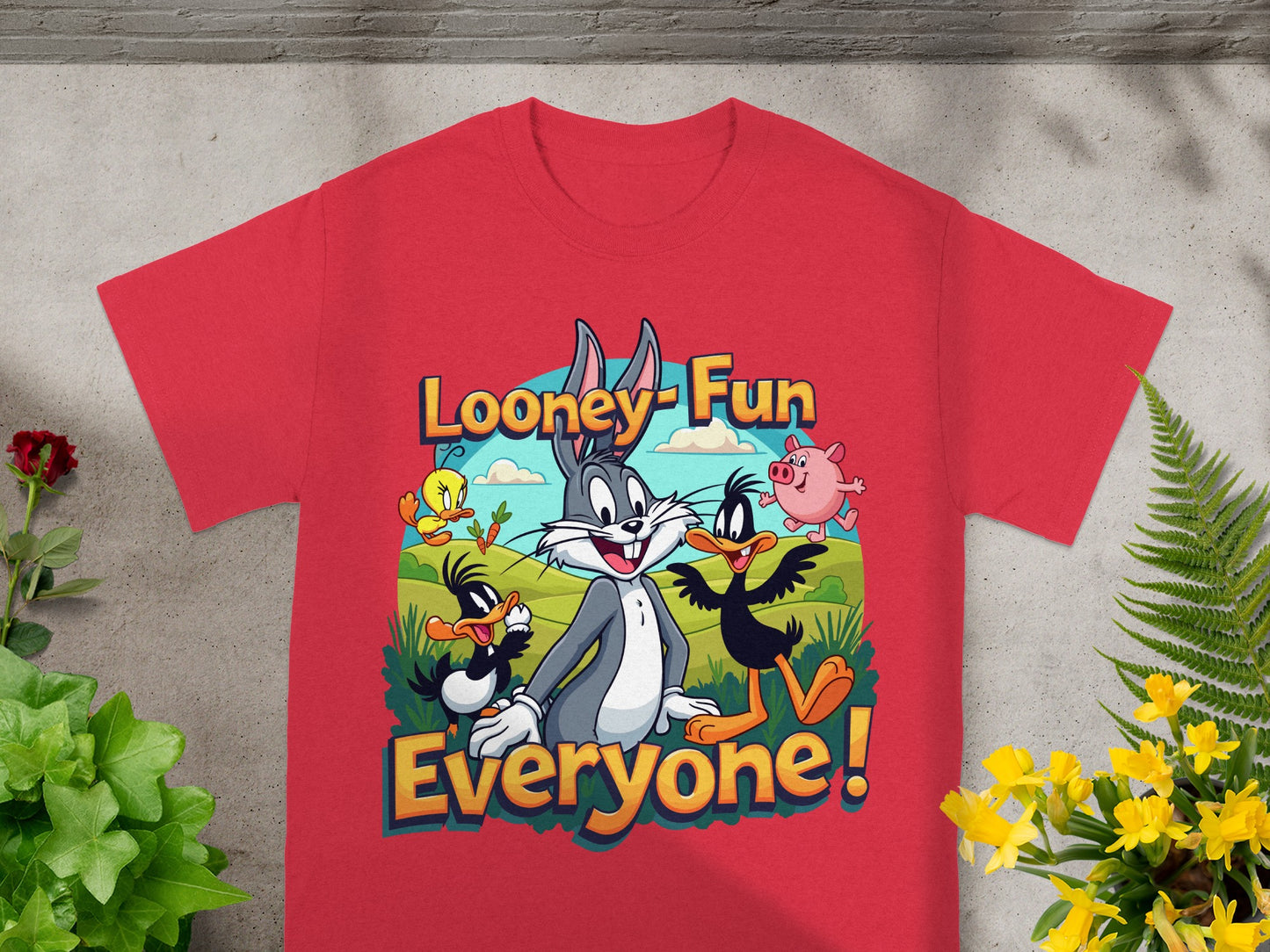 Looney Tunes characters Bugs Bunny, Daffy Duck, and Sylvester on a red t-shirt.