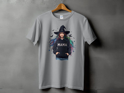 Grey t-shirt with a witch graphic and the text "MAMA" on the chest.