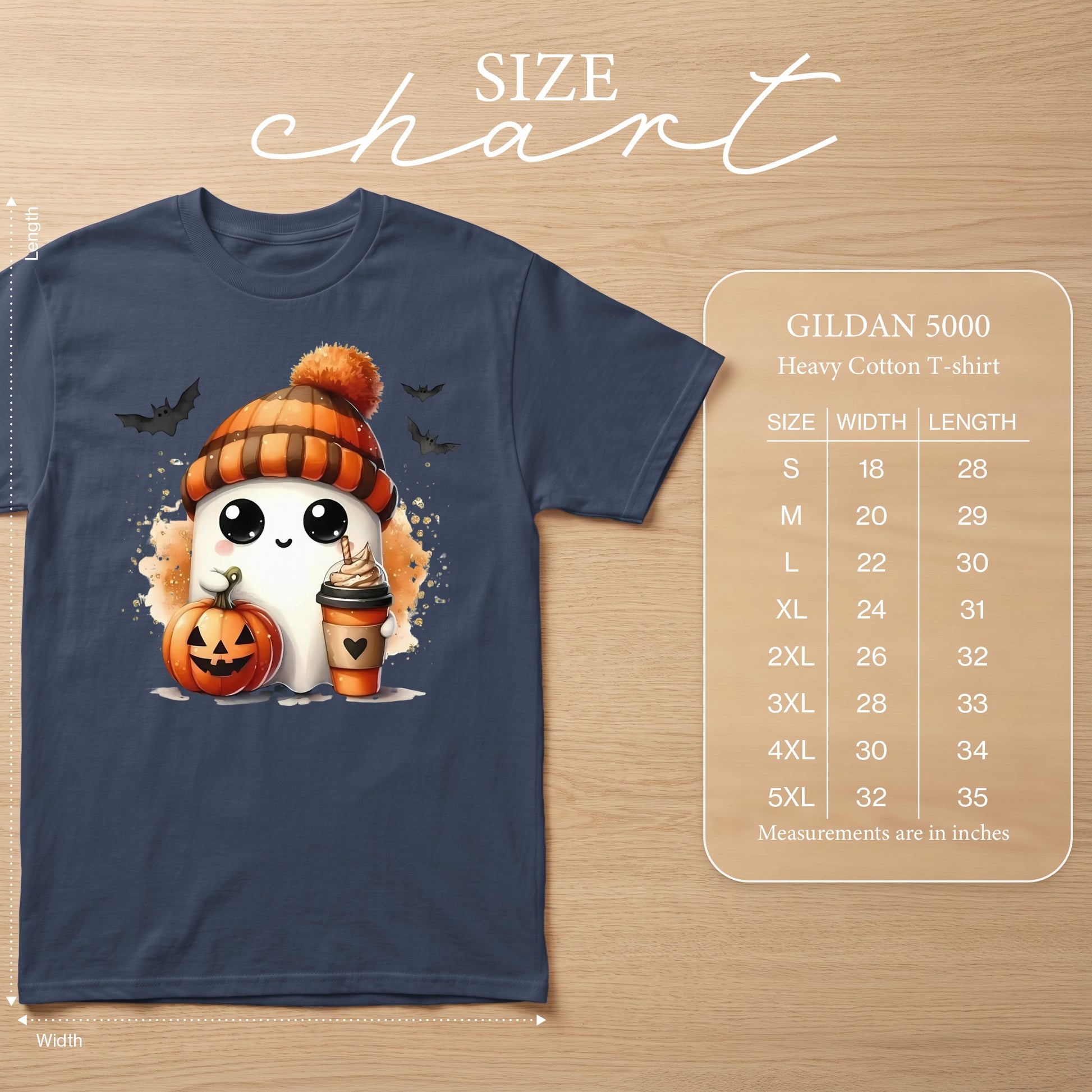 Navy t-shirt with a cute ghost, pumpkin, and coffee graphic; includes size chart.