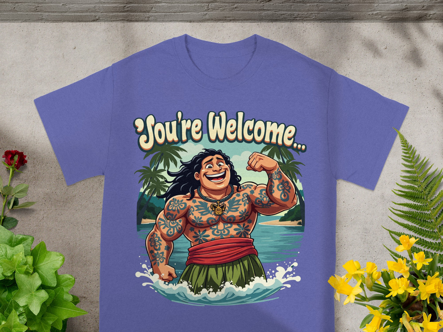 T-shirt graphic with tattooed man and "You're Welcome" text.