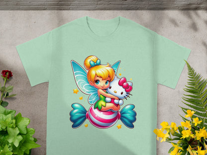 Fairy holding Hello Kitty on a candy, mint green t-shirt.
