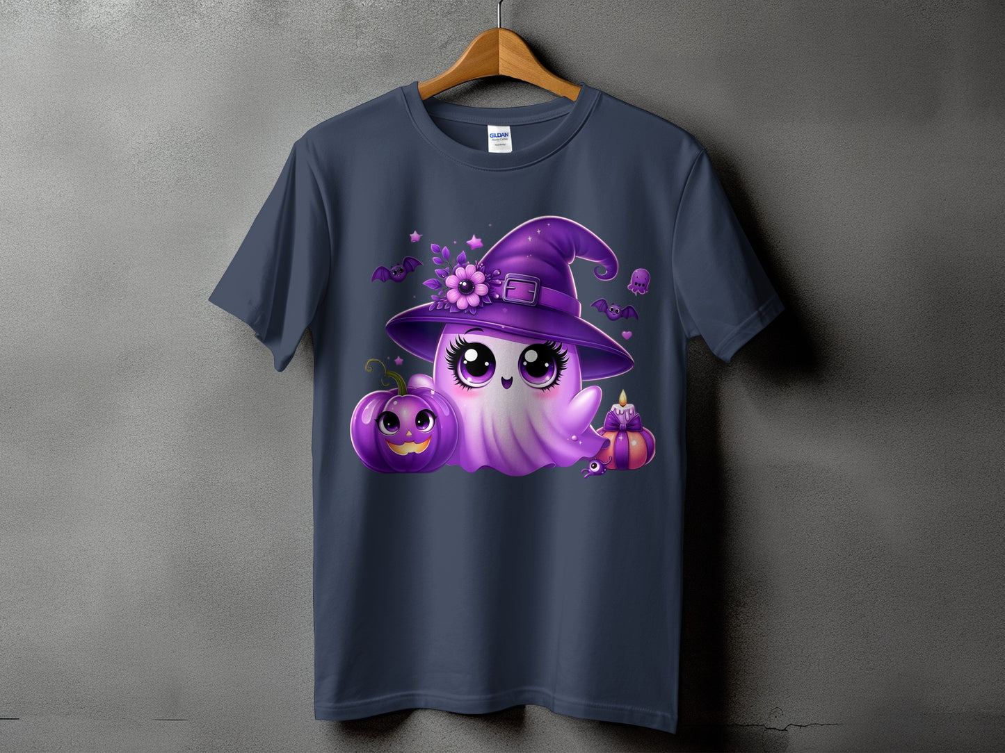 Ghost wearing witch hat with pumpkin, candle, and bats.