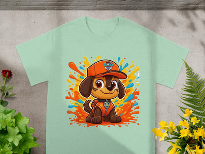 Paw Patrol Marshall on a mint green t-shirt with colorful paint splashes.