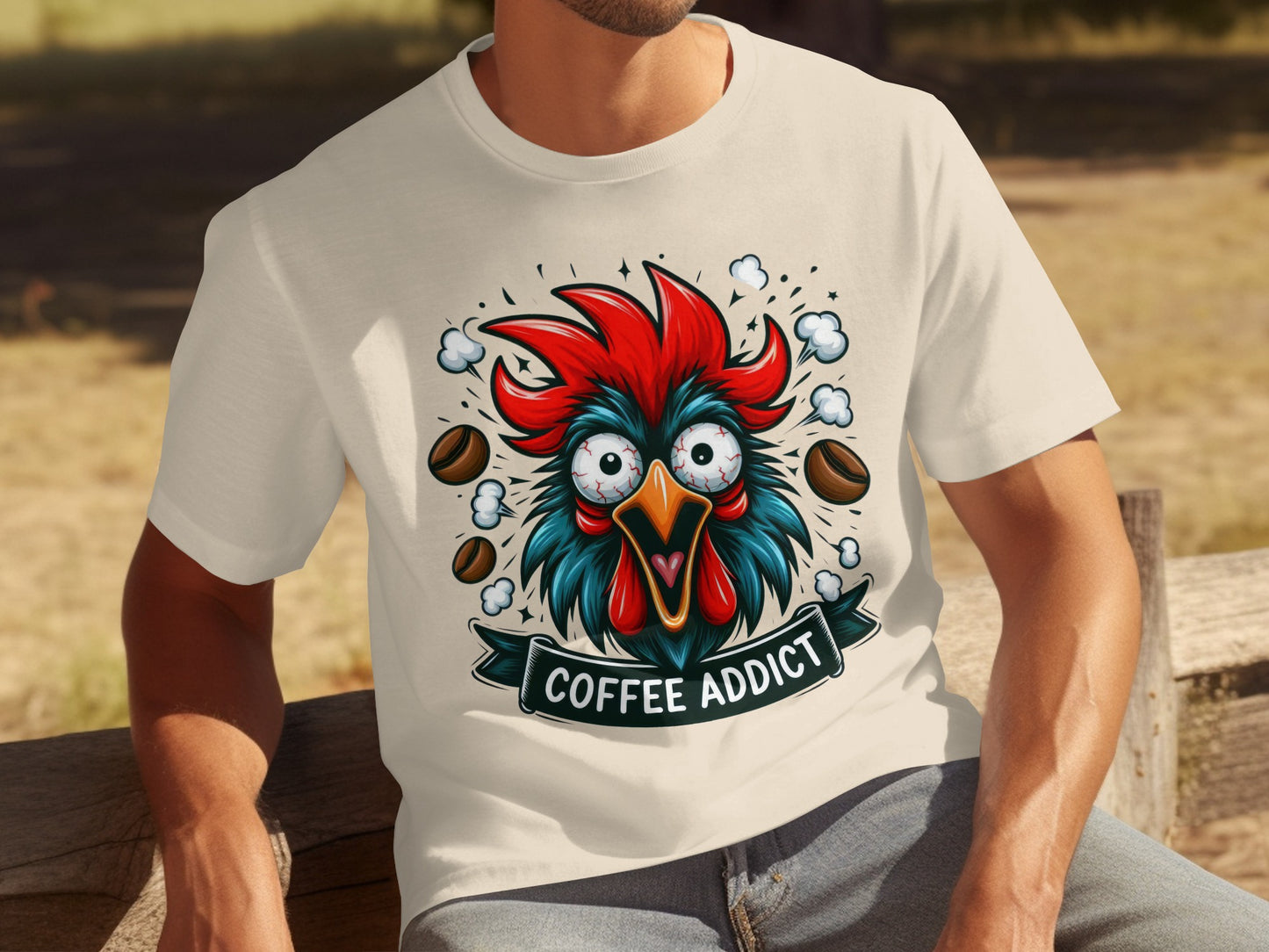 Funny Coffee Addict Rooster Graphic T-Shirt