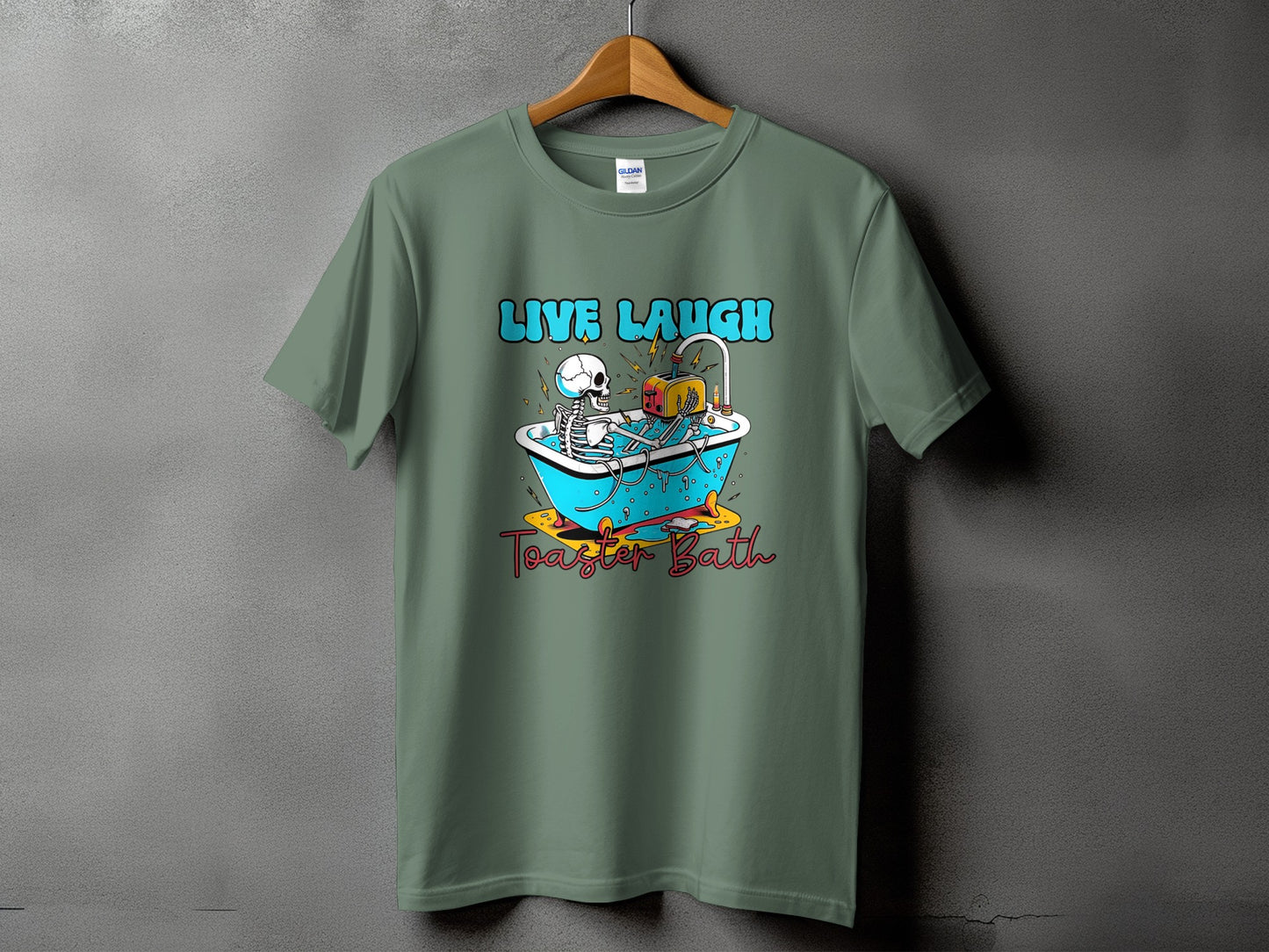 Skeleton in bathtub with toaster and text Live Laugh Toaster Bath.