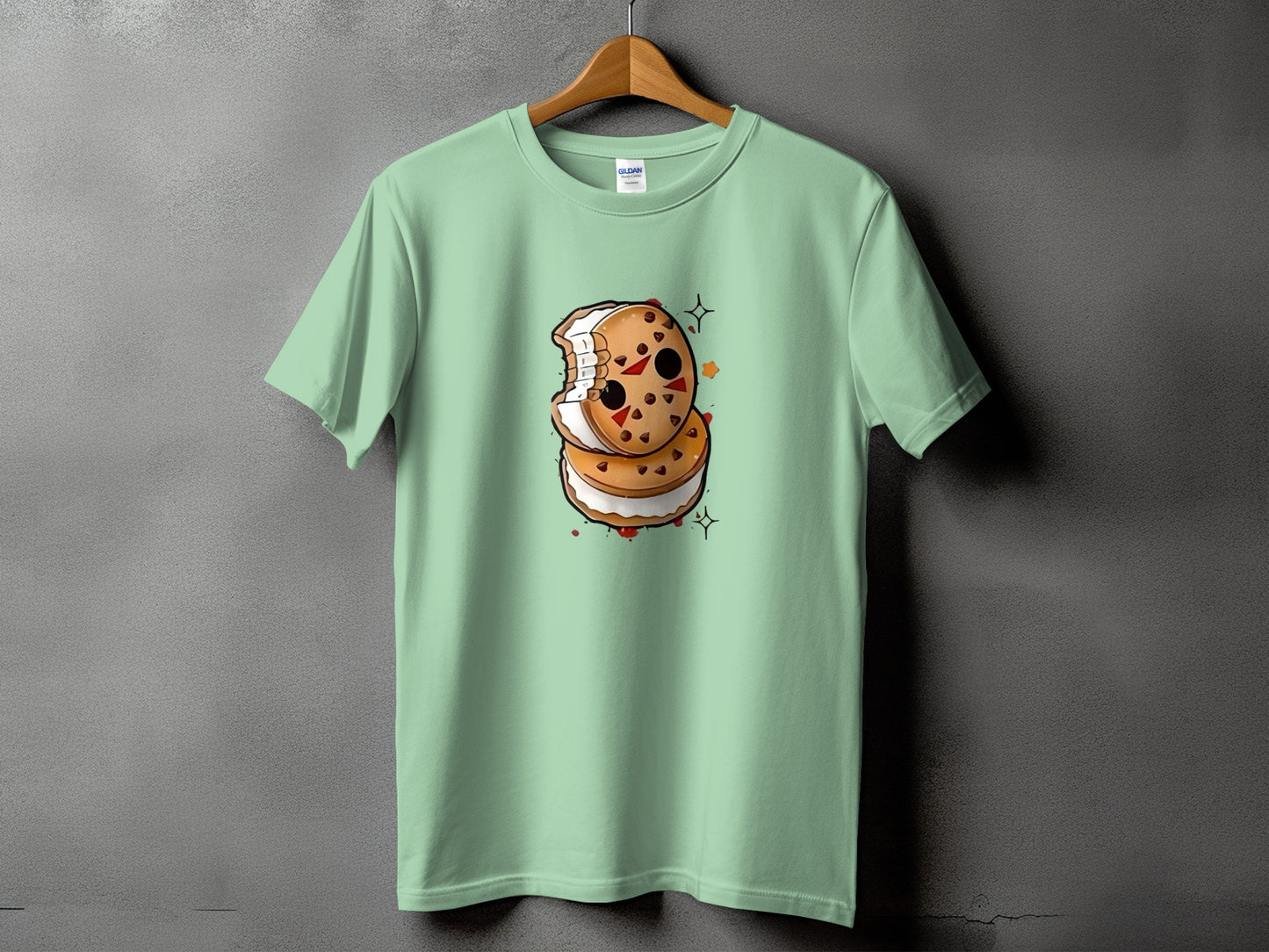 T-shirt with a cartoon ice cream sandwich graphic featuring a face and bite mark.
