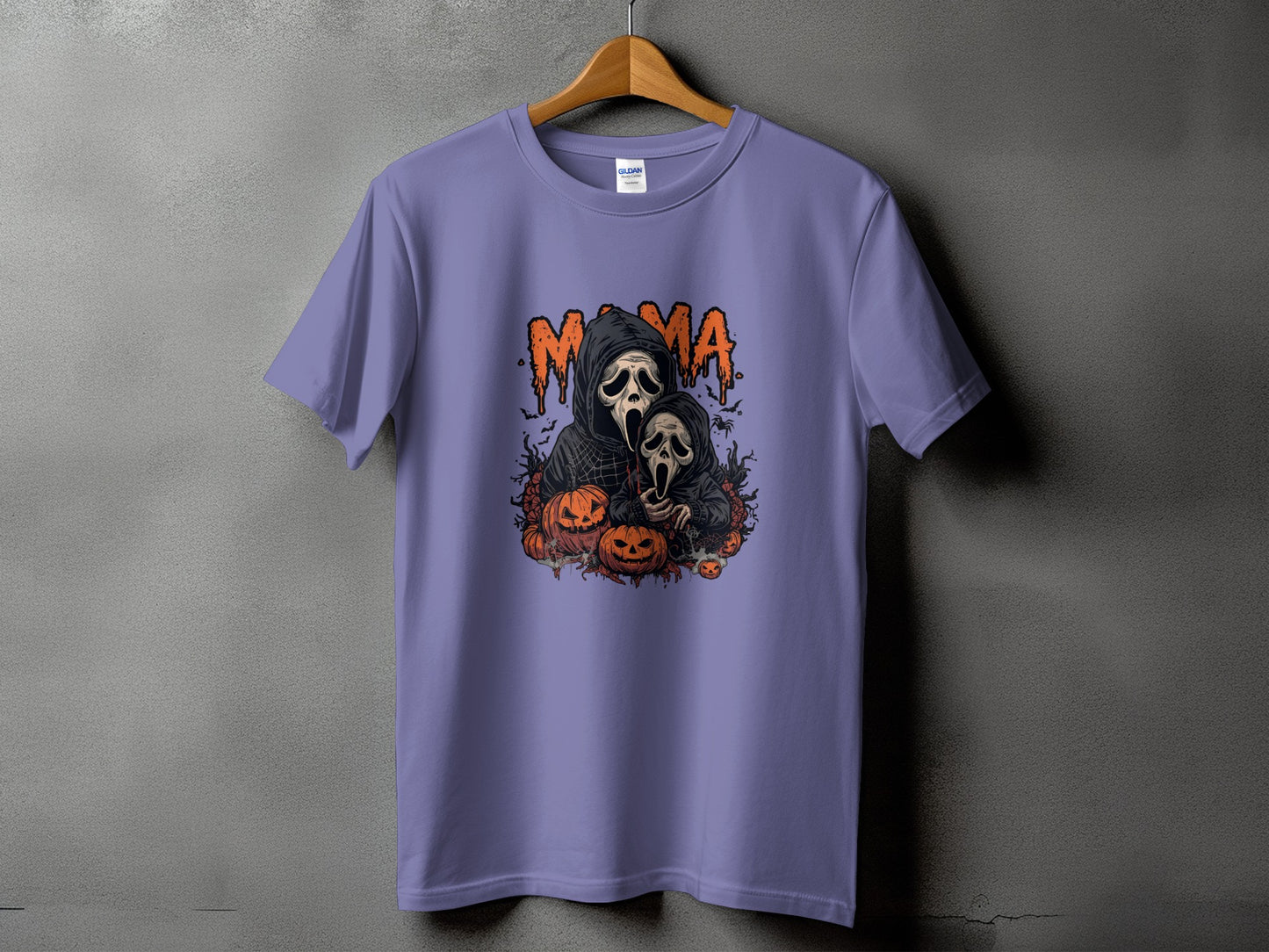 Purple t-shirt with "Mama" text and ghost figures surrounded by pumpkins.