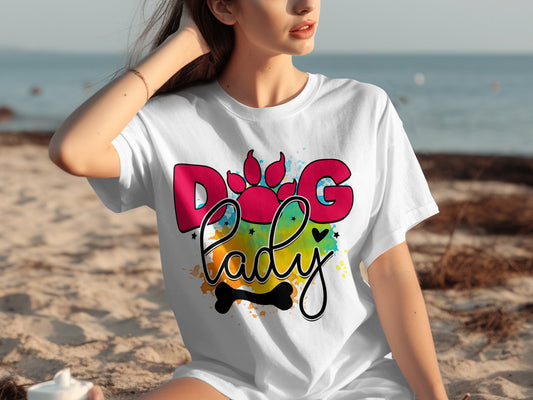 Colorful Dog Lady Design Graphic Tee-Shirt