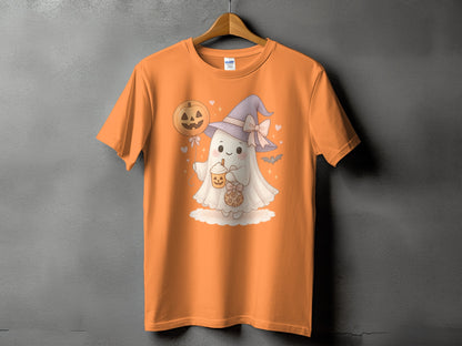 Orange t-shirt with a cute ghost holding a pumpkin-themed drink and cookie.