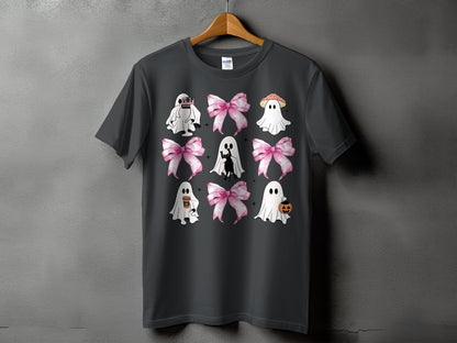 Dark gray t-shirt with a grid of cartoon ghosts, bows, and Halloween icons.