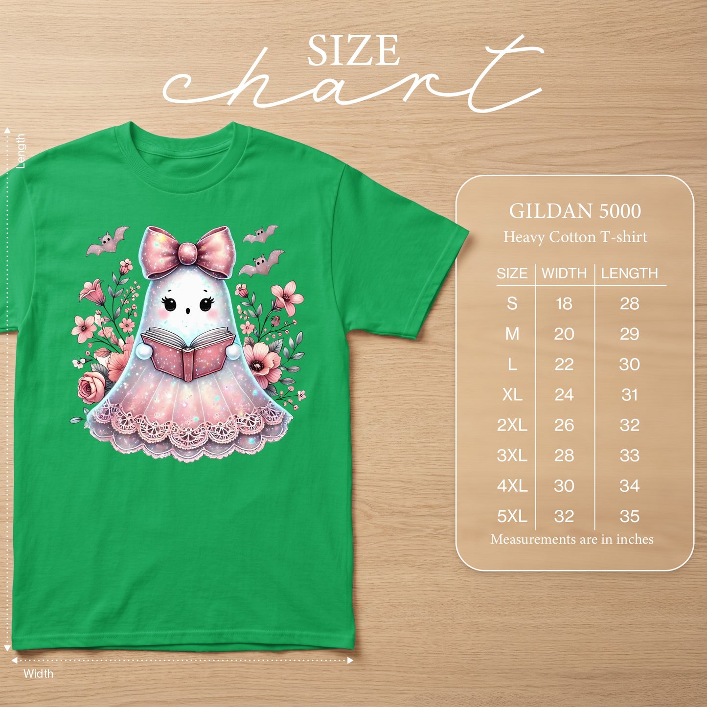 Green t-shirt with a cute ghost reading a book graphic and Gildan 5000 size chart.