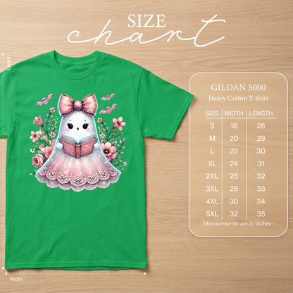 Green t-shirt with a cute ghost reading a book graphic and Gildan 5000 size chart.