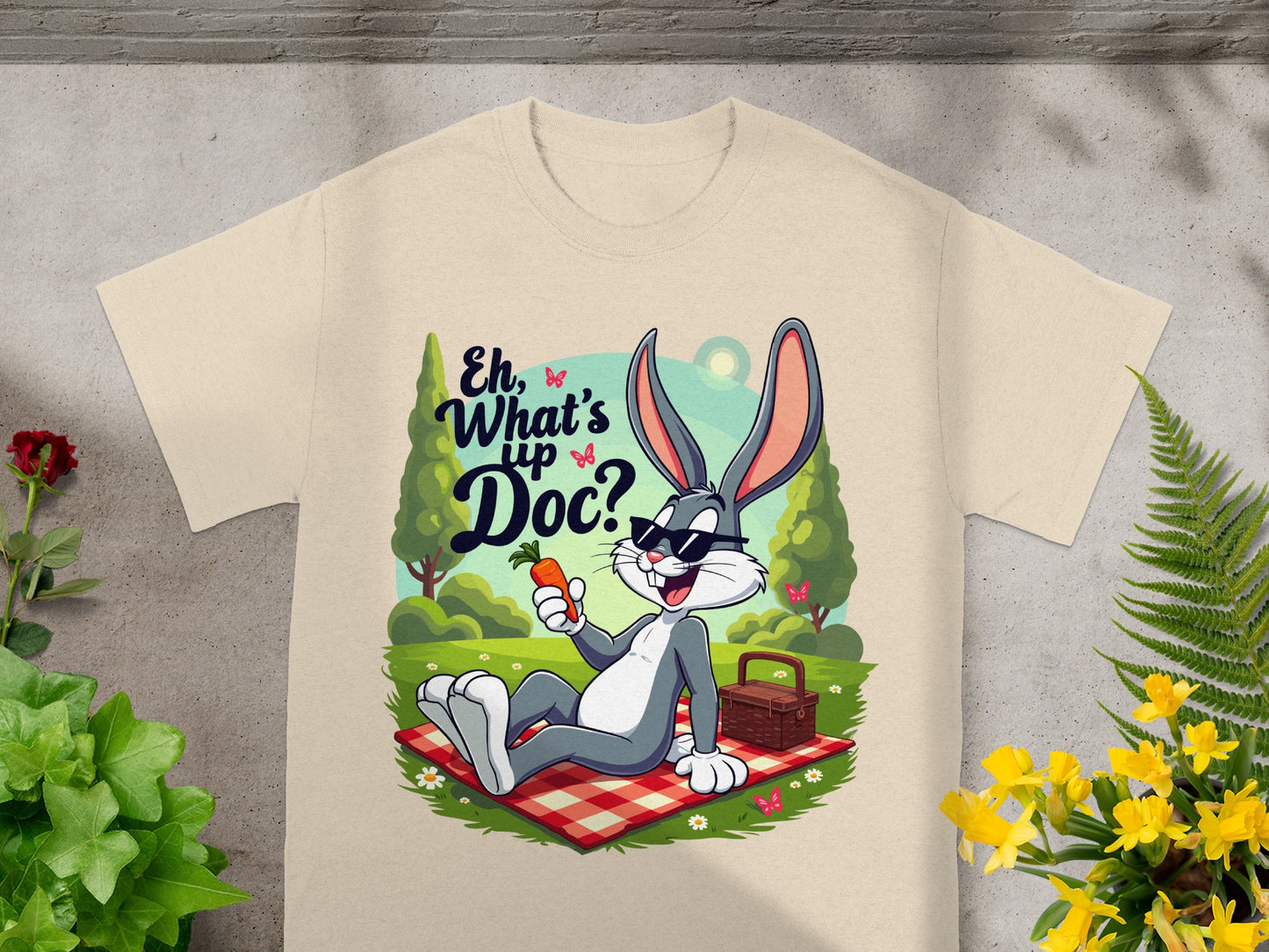 Bugs Bunny in sunglasses sitting on a picnic blanket with a carrot.