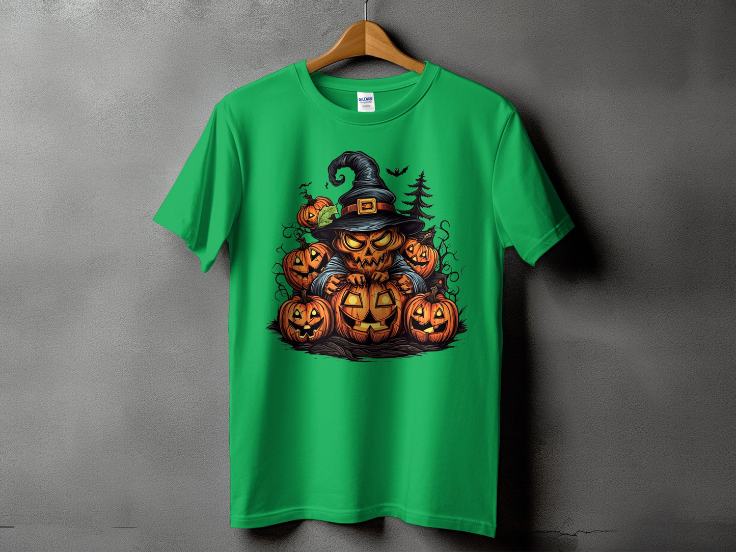Green t-shirt with a Halloween pumpkin character and surrounding pumpkins graphic.