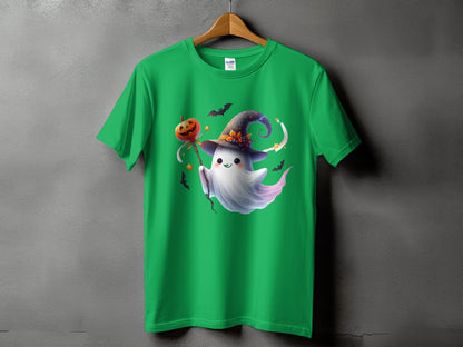 Green t-shirt with a kawaii ghost wearing a witch hat, holding a pumpkin wand.