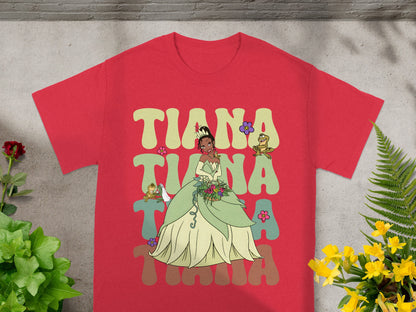 Tiana from The Princess and the Frog in her green gown with a floral background.