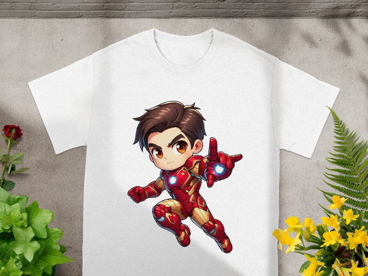 White t-shirt with cartoon Iron Man pointing finger forward.