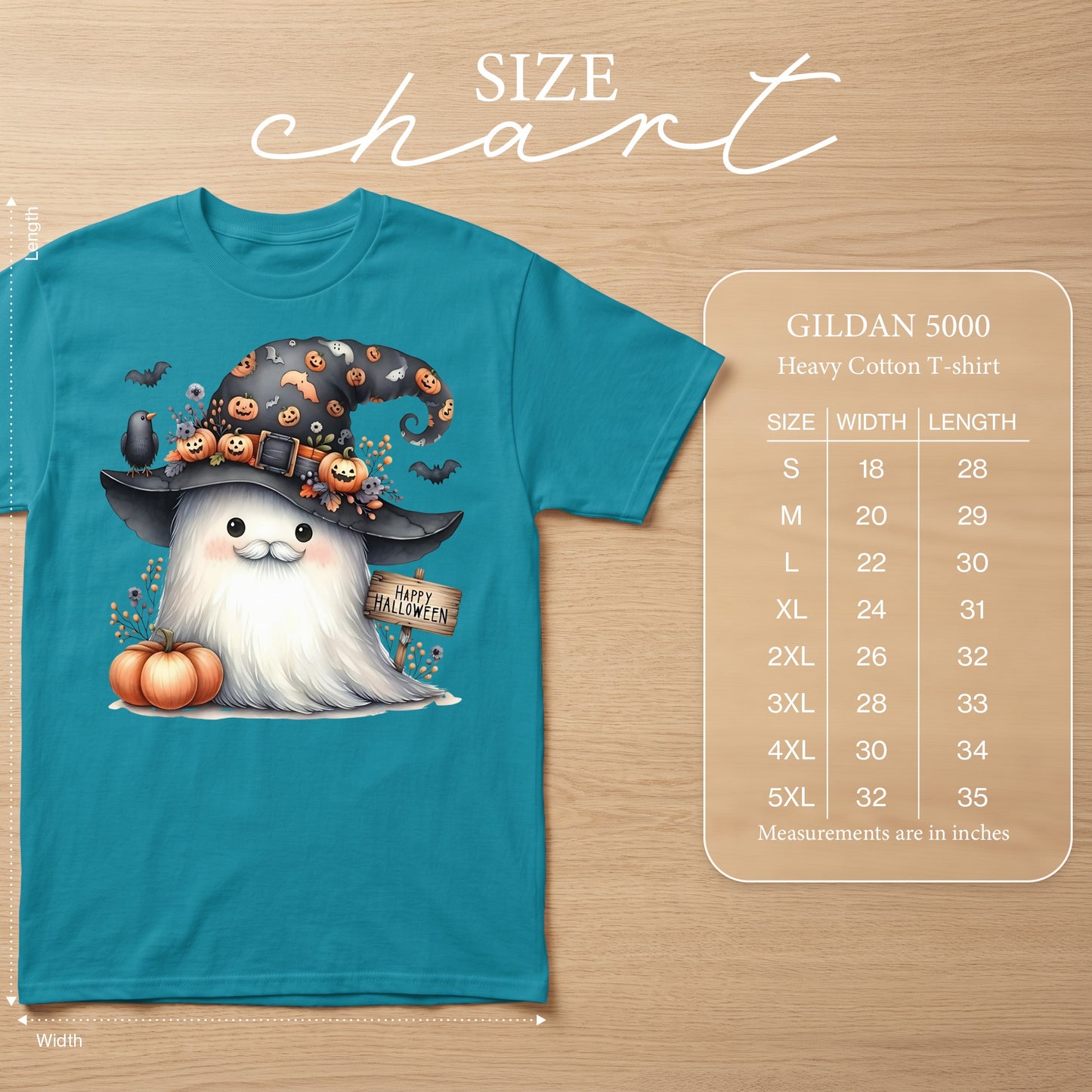 Teal t-shirt with Halloween ghost graphic and Gildan 5000 heavy cotton t-shirt size chart.