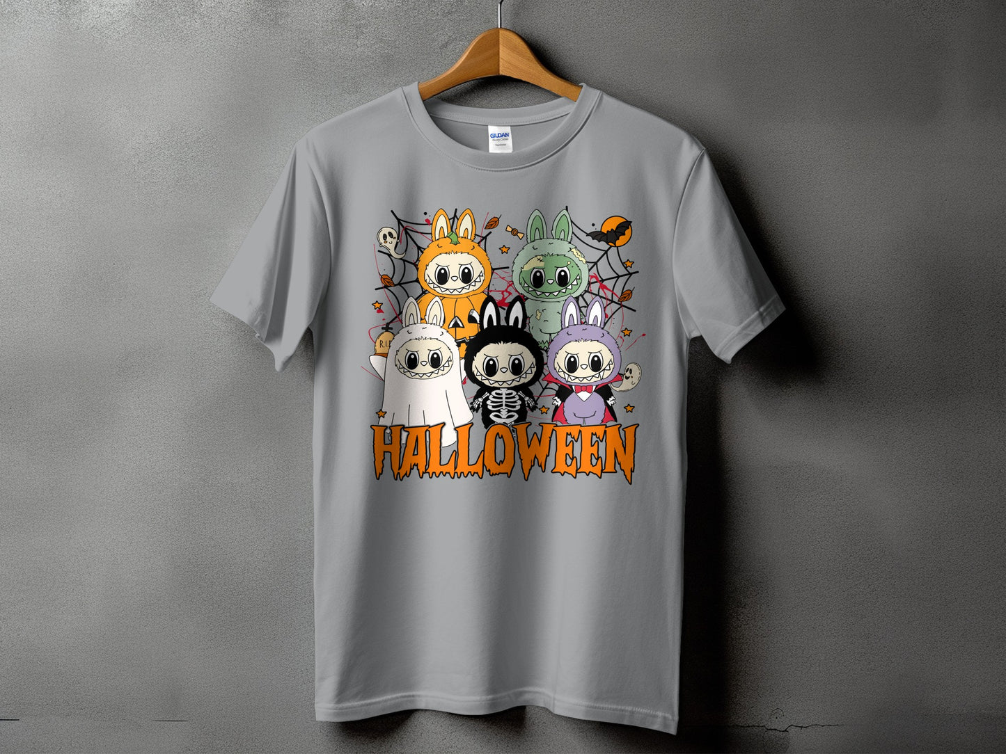 Gray t-shirt with five cartoon characters dressed in Halloween costumes and the word "HALLOWEEN".