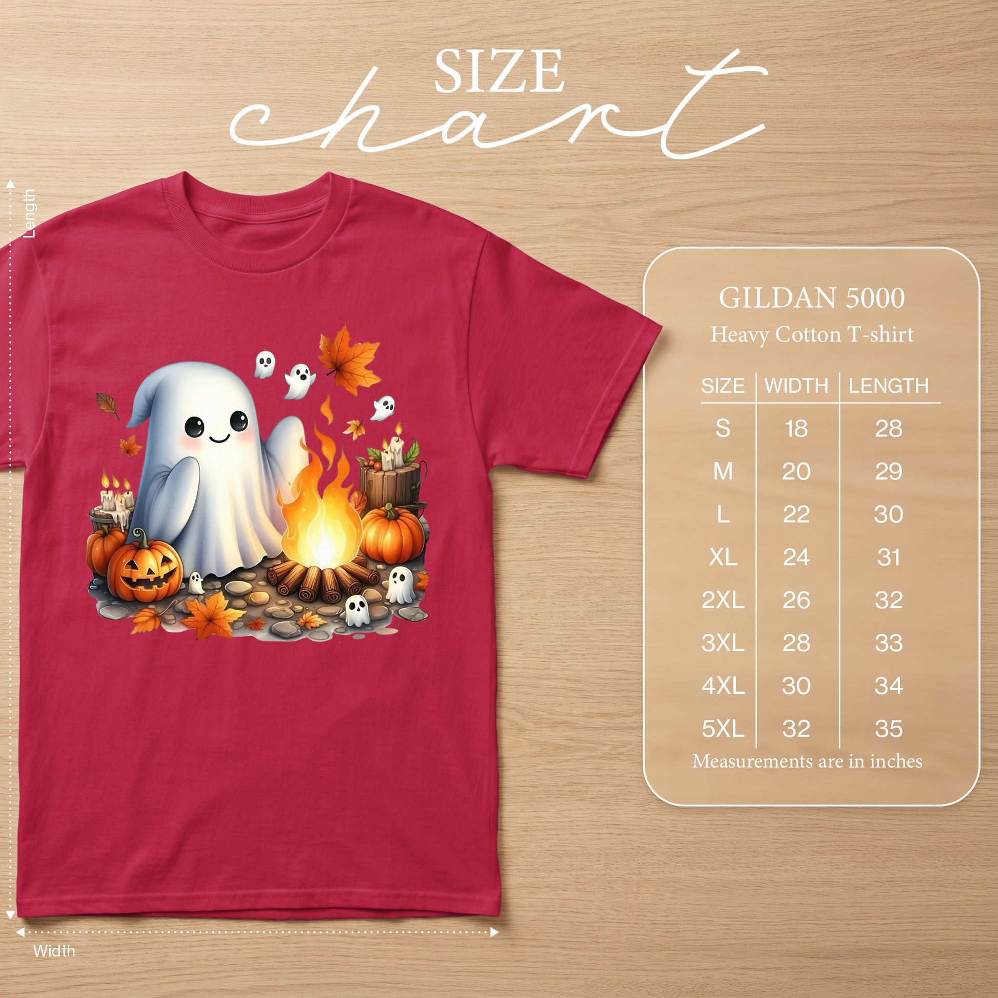 Pink t-shirt with cute ghost, pumpkins, campfire, and leaves graphic. Includes Gildan size chart.