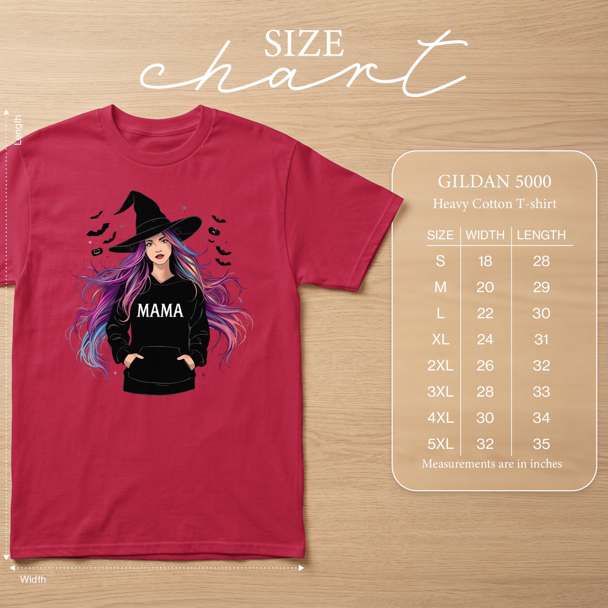 Red t-shirt with graphic of a witch wearing a black hat and "MAMA" hoodie, alongside size chart.