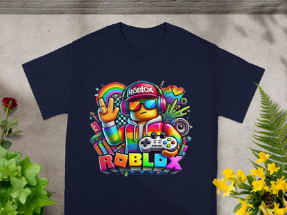 Roblox t-shirt with colorful gaming graphics and logo.
