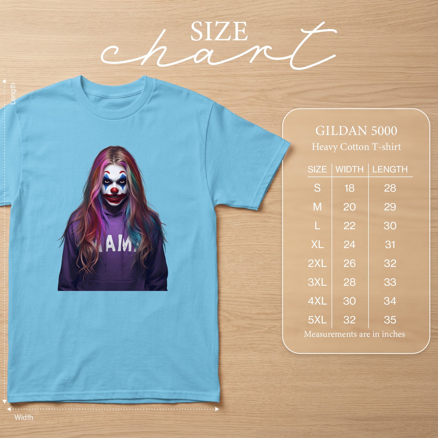 Light blue Gildan 5000 t-shirt featuring a woman with clown makeup and colorful hair.