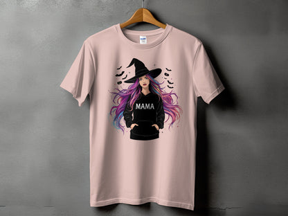 Pink t-shirt with witch graphic and "MAMA" text