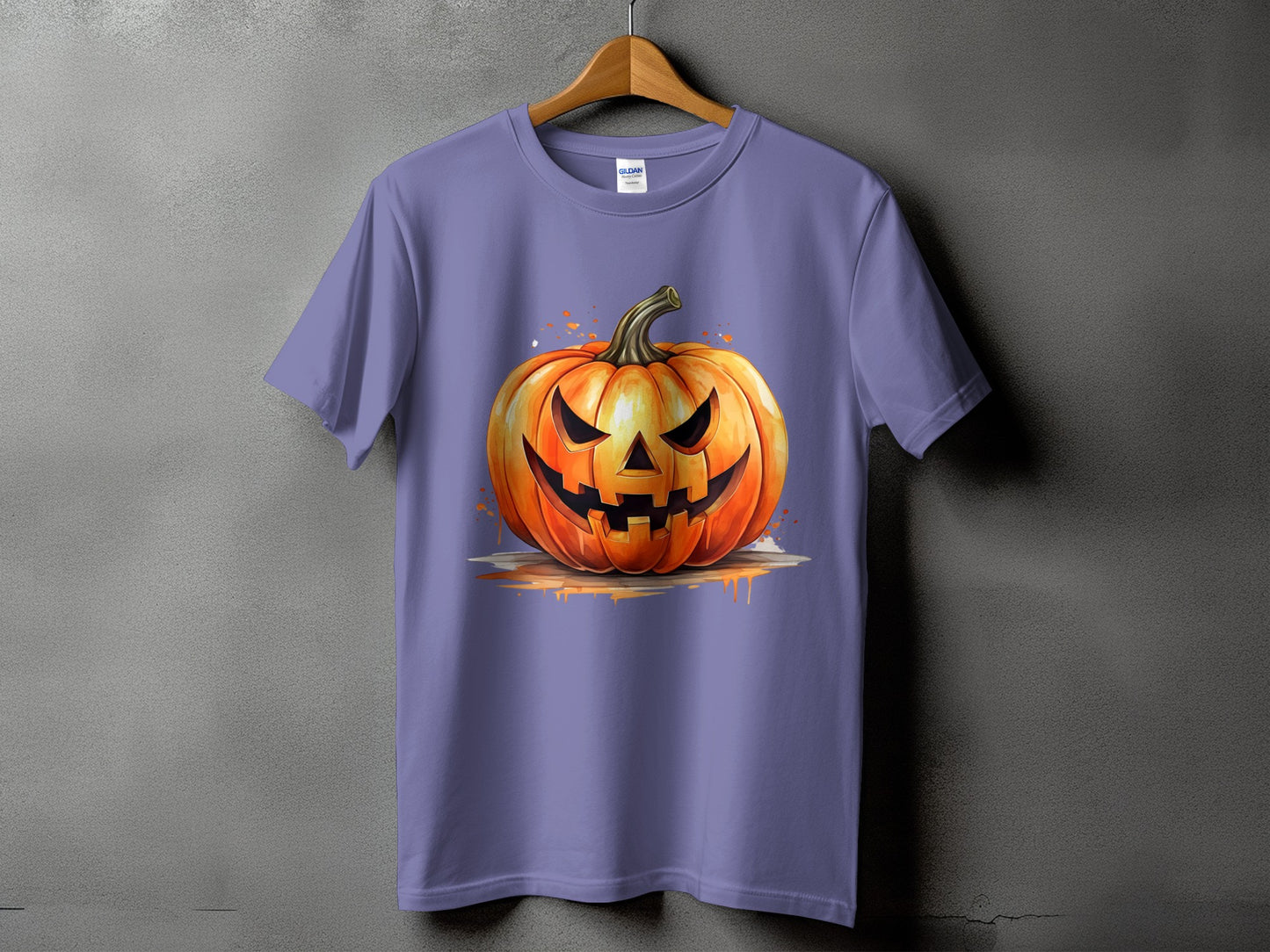 Purple t-shirt with a spooky jack-o'-lantern graphic and splattered paint design.
