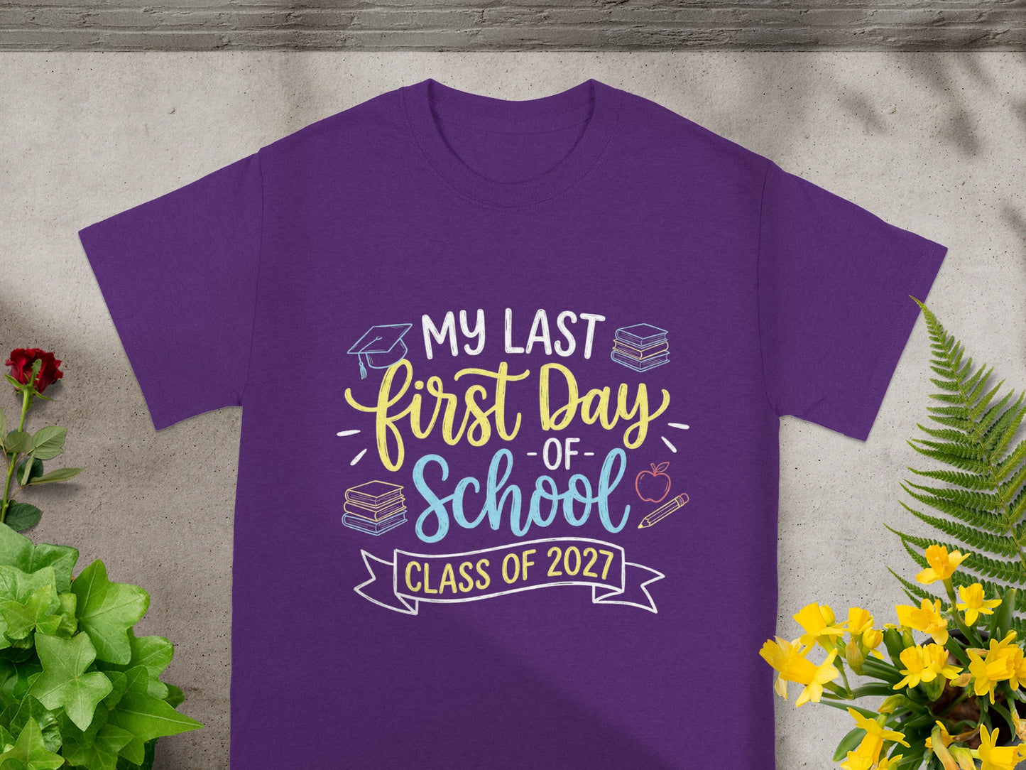 Purple t-shirt with "My last first day of school" and "Class of 2027" text.