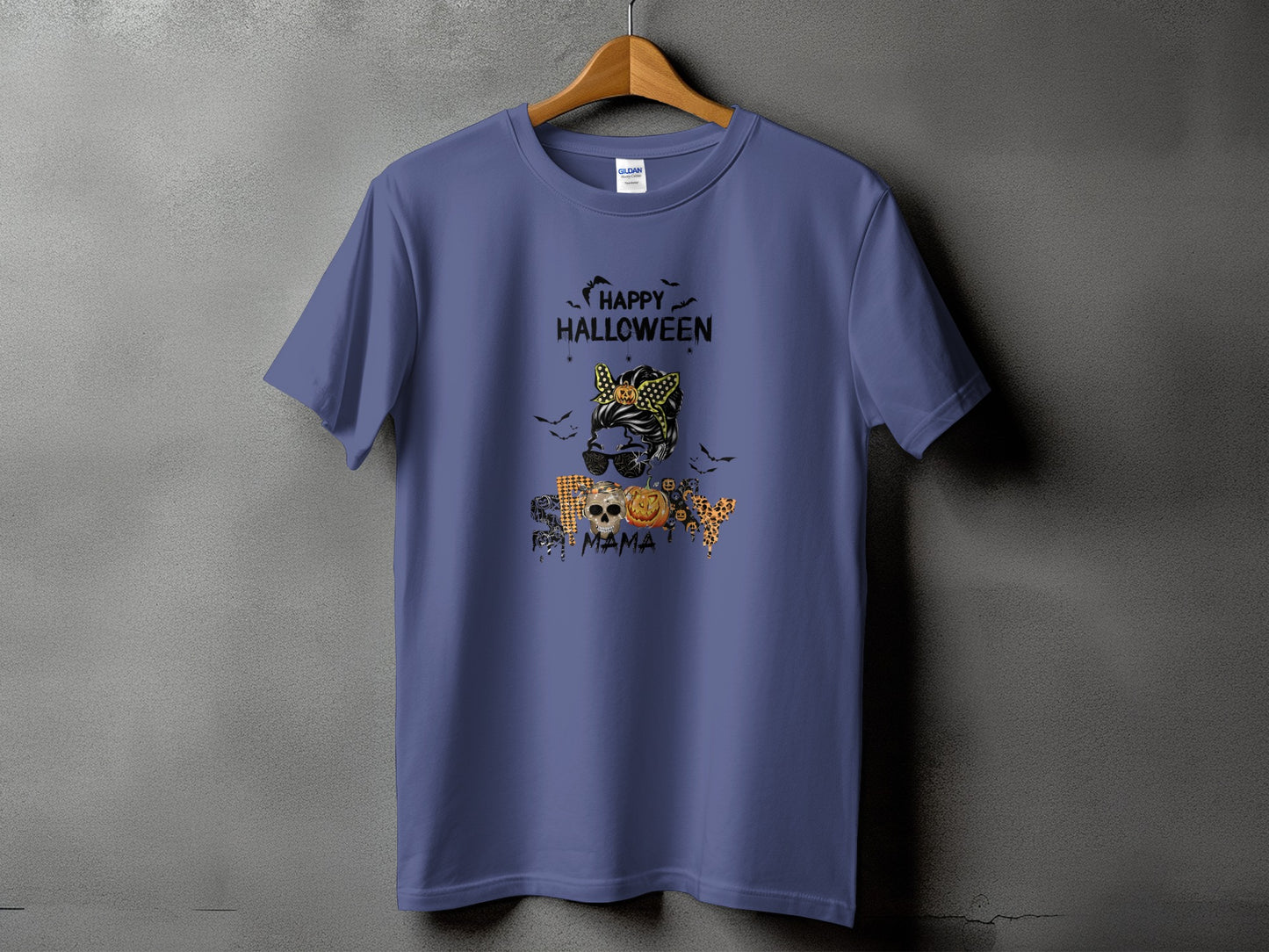 T-shirt with "Happy Halloween" and "Spooky Mama" text with Halloween graphics.