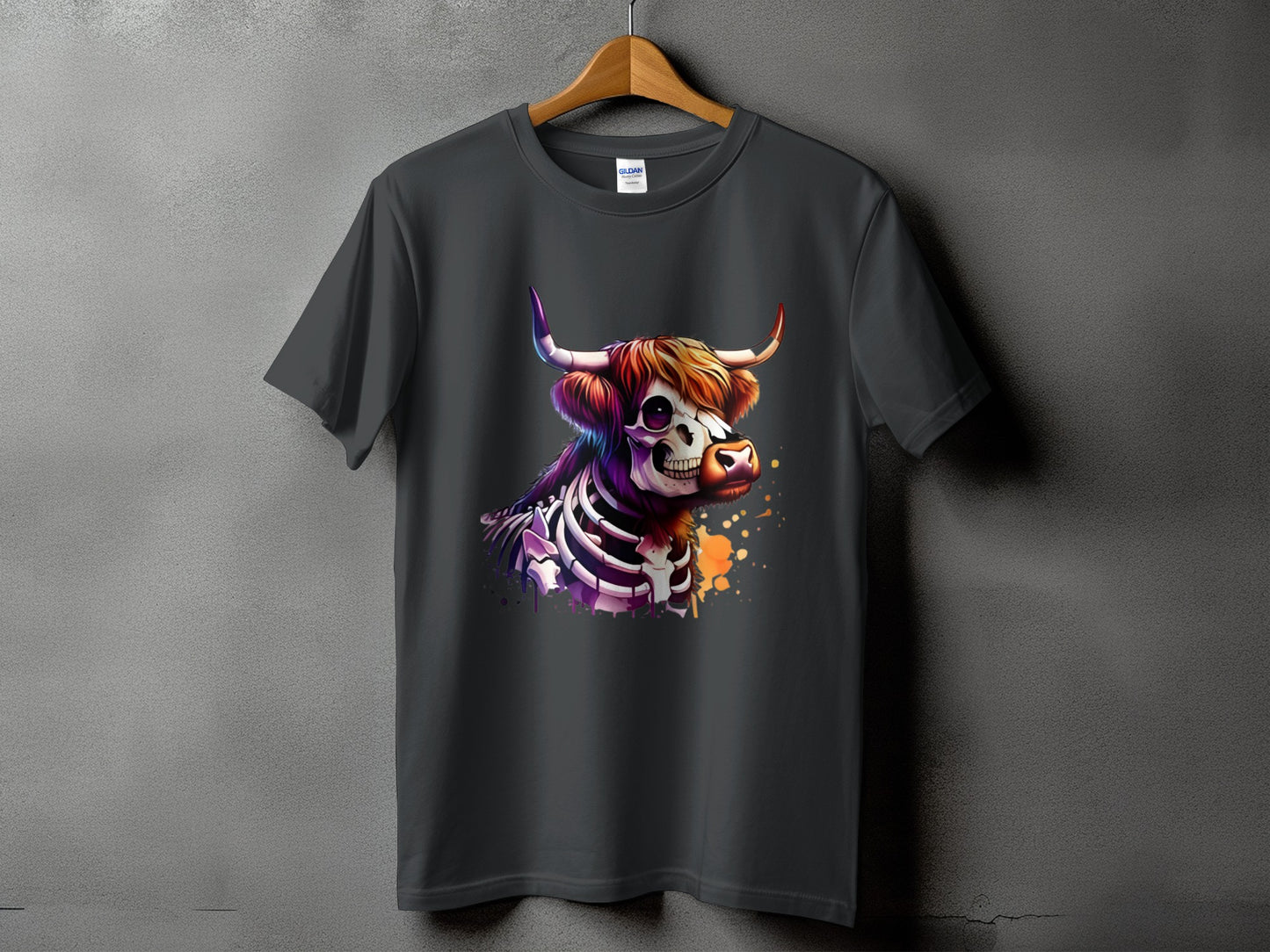 Dark grey t-shirt featuring a colorful skeleton bull with watercolor splashes.
