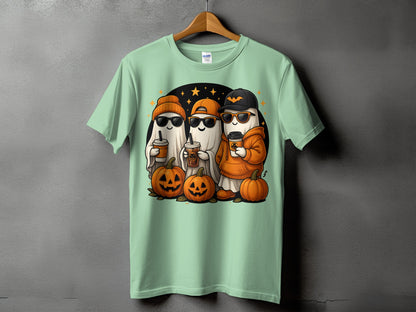 Three ghosts in Halloween costumes hold coffee cups, surrounded by pumpkins.
