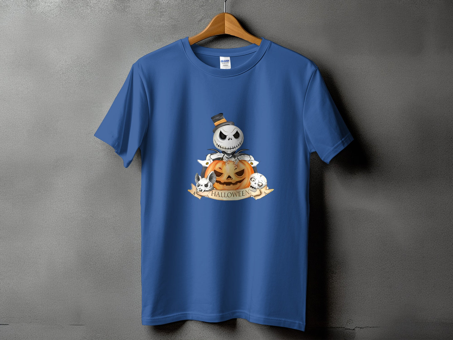 Blue t-shirt with Jack Skellington, pumpkin, skulls, and "Halloween" banner design.