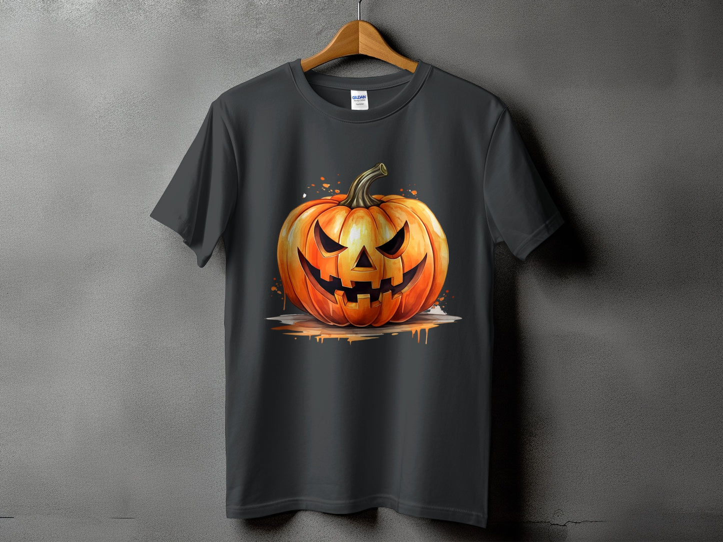 Dark gray t-shirt with a spooky jack-o'-lantern graphic.
