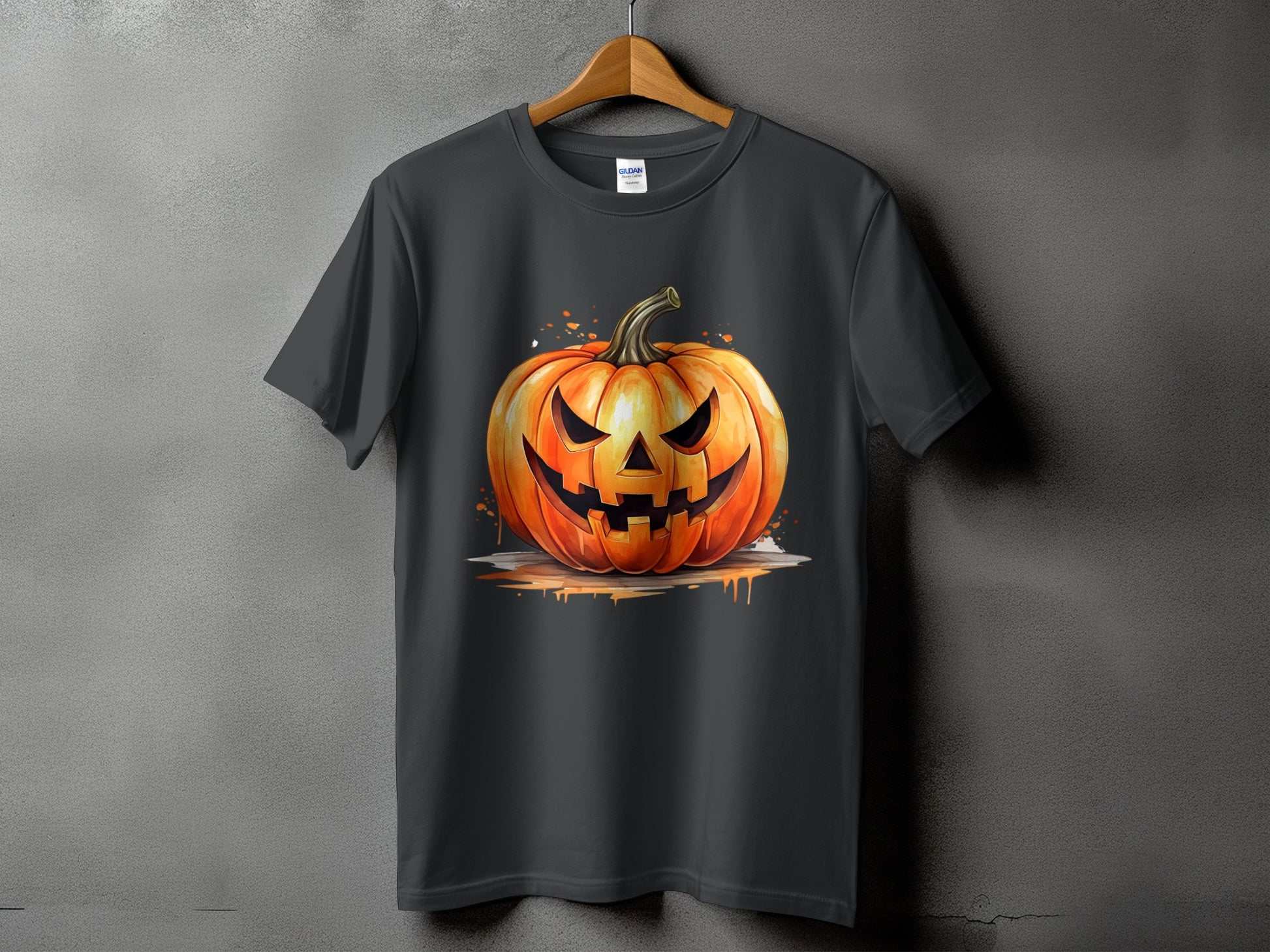 Dark gray t-shirt with a spooky jack-o'-lantern graphic.
