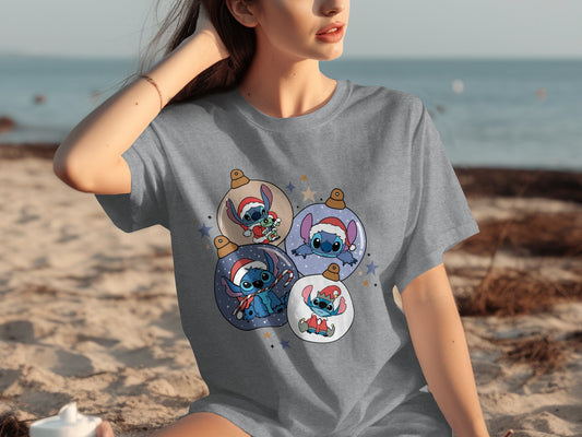 Stitch Santa Christmas Ornaments Graphic Tee Shirt
