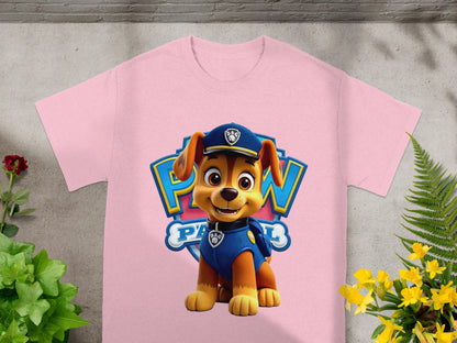 Chase from Paw Patrol on a pink t-shirt with a blue paw logo.