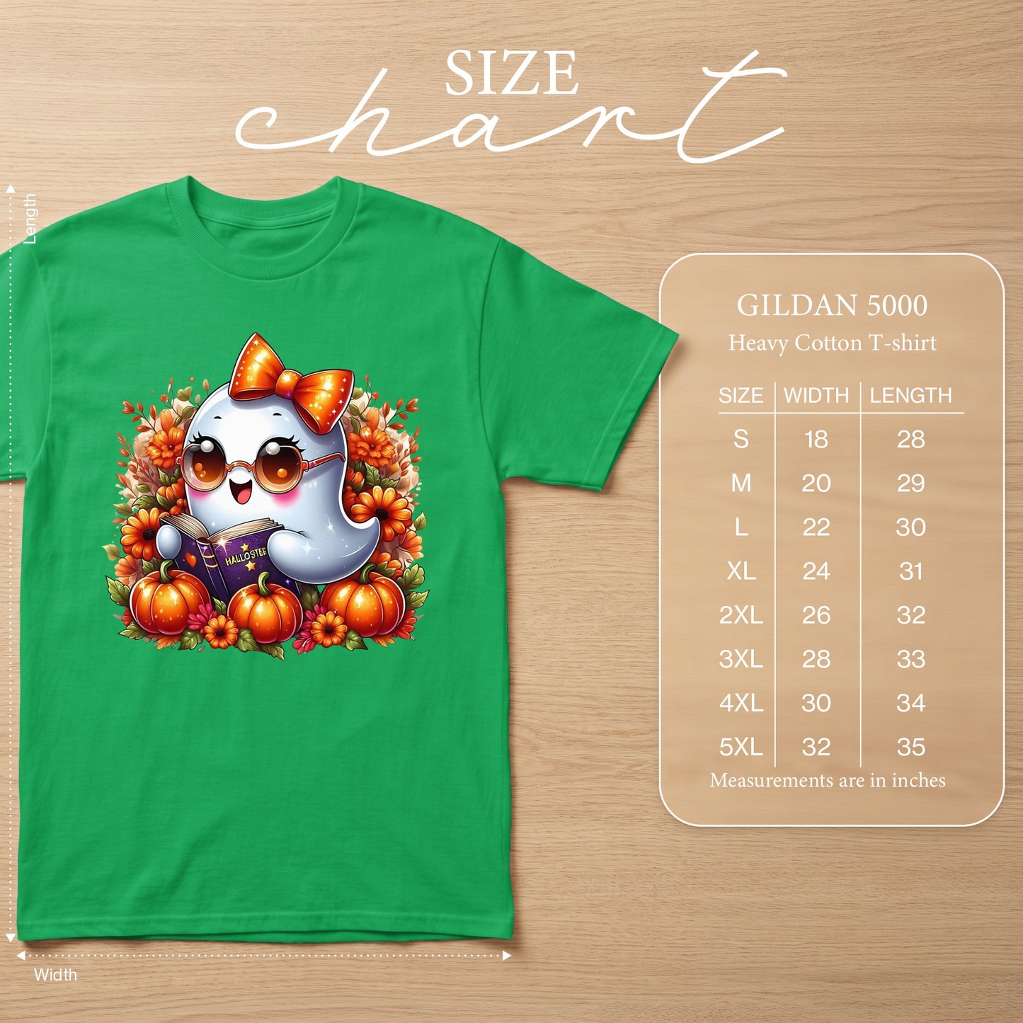Green Gildan 5000 t-shirt with a cute ghost reading "Halloster" surrounded by pumpkins.