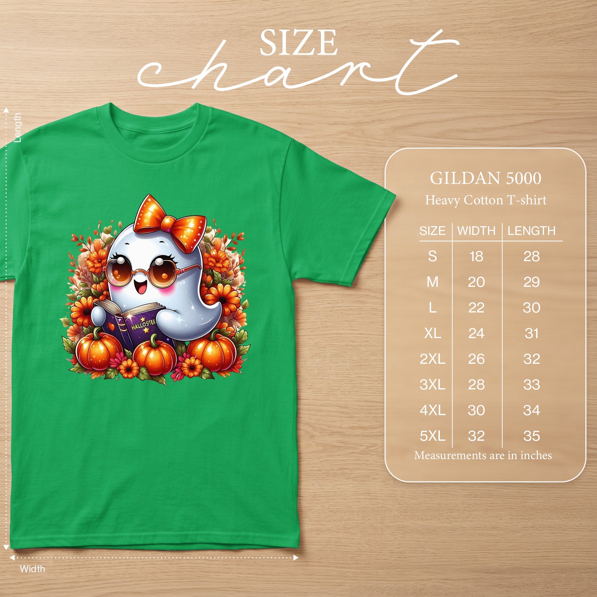 Green Gildan 5000 t-shirt with a cute ghost reading "Halloster" surrounded by pumpkins.