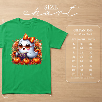 Green Gildan 5000 t-shirt with a cute ghost reading "Halloster" surrounded by pumpkins.