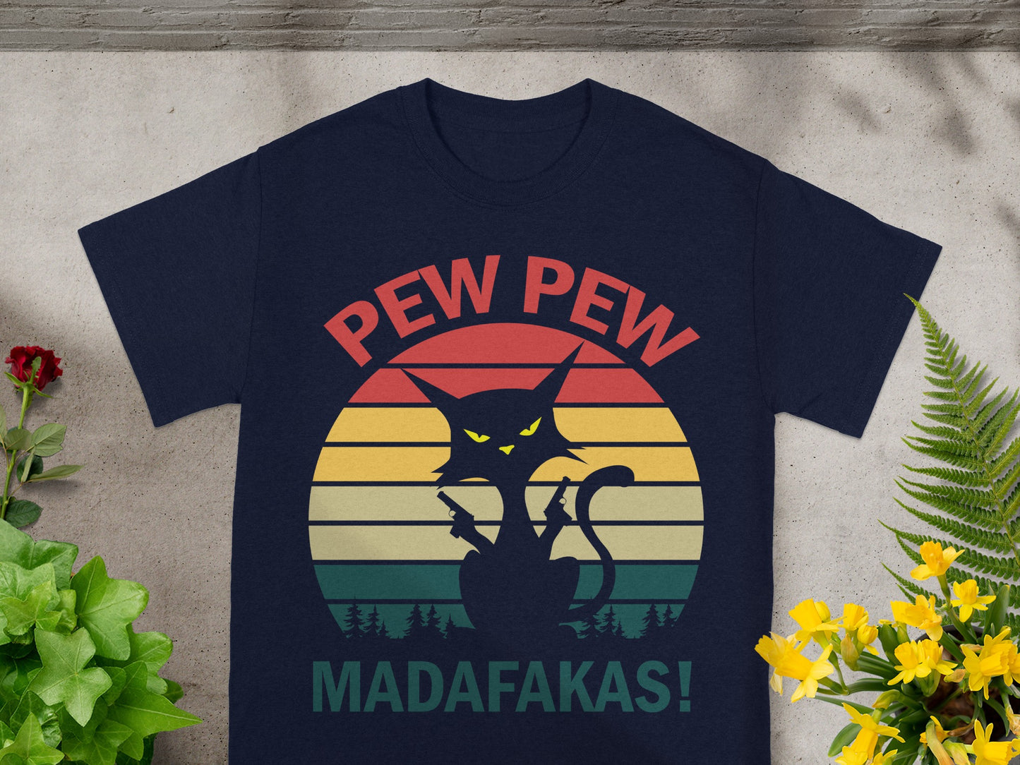 Pew Pew Madafakas Cat Sunset Graphic T-shirt