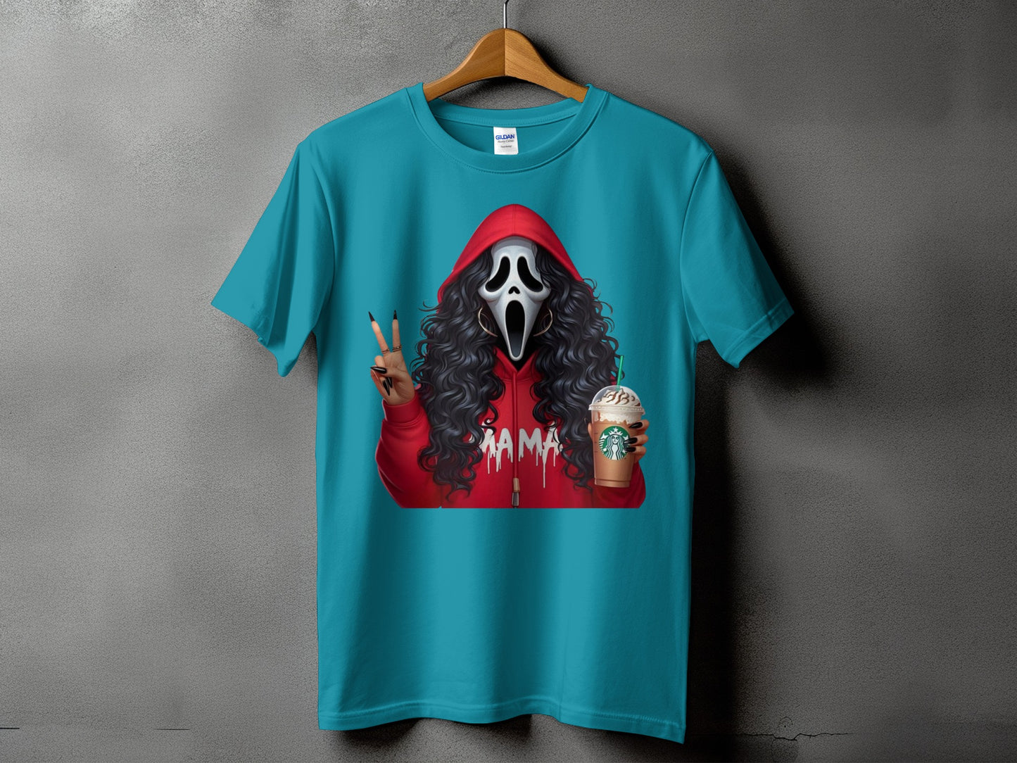 Ghostface with Mama hoodie, peace sign, and Starbucks drink on teal t-shirt.